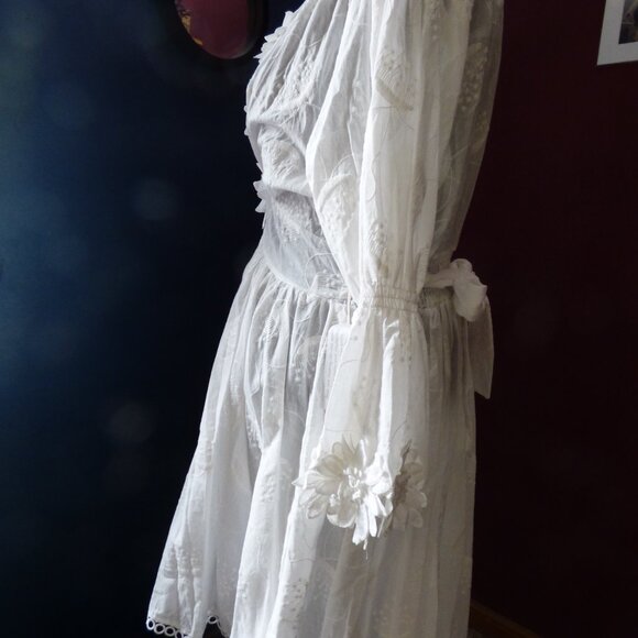 GOTH BOHO HIPPY WEDDING WHITE FLORAL WOVED LONG SLEEVED MINI SKATER DRESS XL - Picture 5 of 16